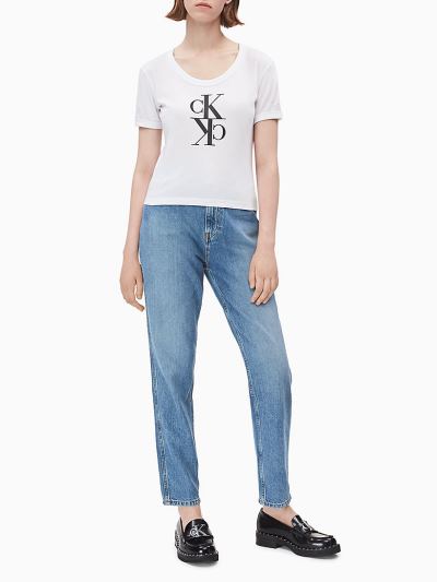 Calvin Klein Ruhák HU069032 | Calvin Klein Cropped Organic Cotton Logo Női Póló Világos Fehér